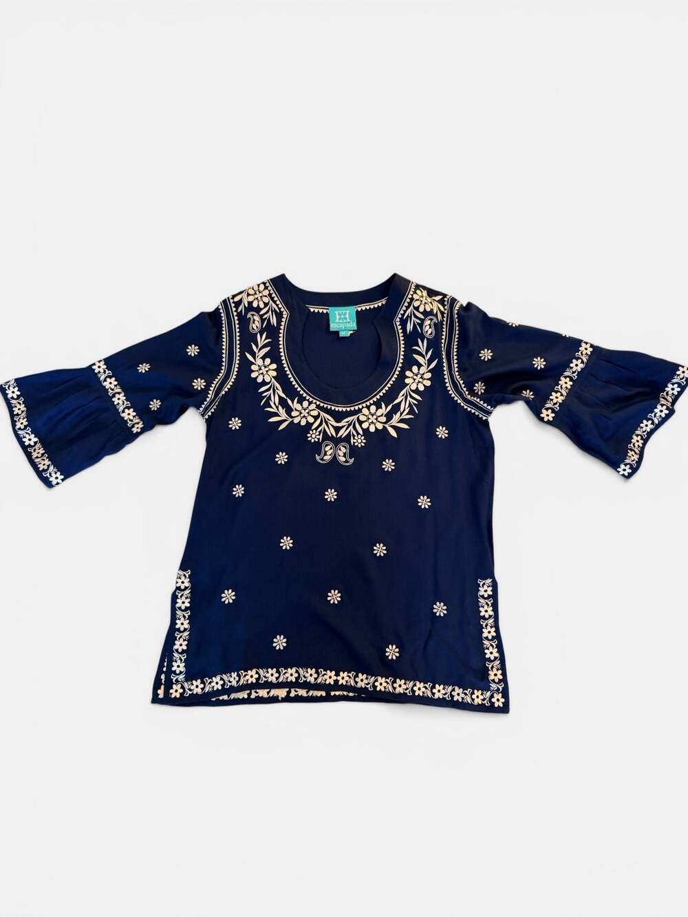 Escapada Navy Blue Embroidered Floral Tunic Top Bell Sleeves Size M